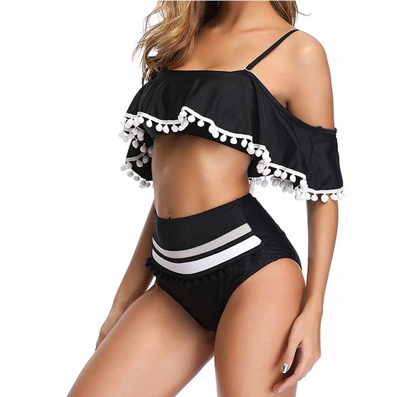 Two Piece Bikini Black Flounce High Rise Swimsuit - Picture 4 of 7